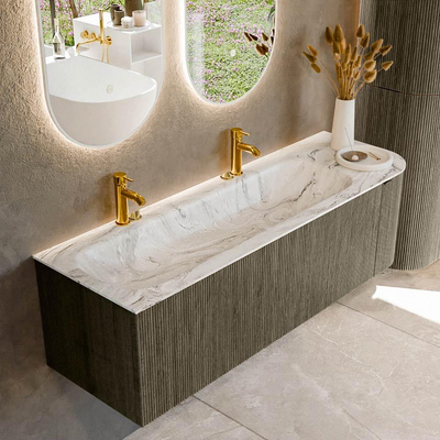 Mondiaz KURVE-DLUX Ensemble de meubles de salle de bains - 145x46x40cm - 1 tiroir - 1 porte - plan vasque solid surface - gauche - 2 trous de robinet - Shadow