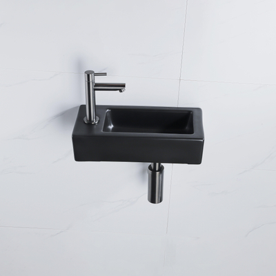 FugaFlow Efficiente Pietra Ensemble de fontaine - 37,5x18,5x9cm - céramique - trou de robinet à gauche - robinet de fontaine gunmetal - bouchon de vidange - siphon abaissé - Noir mat
