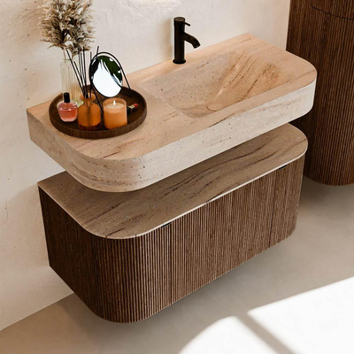 MONDIAZ THOR-DLUX 100cm meuble de salle de bains arrondi gauche + droite couleur Walnut avec 1 tiroir et 2 portes. Vasque suspendue CLOUD Droite 1 trou de robinet couleur Saba.