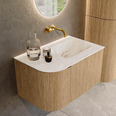 MONDIAZ KURVE-DLUX 75cm badmeubel met module 25 L kleur Oak met 1 lade en 1 deur. Wastafel GRUNNE rechts zonder kraangat kleur Frappe.