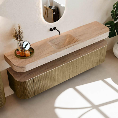 MONDIAZ THOR-DLUX Meuble de salle de bains - 200cm - arrondi gauche + droite - couleur Dusk - 2 tiroirs - 2 portes - Vasque suspendue CLOUD Milieu sans trou de robinet - couleur Saba