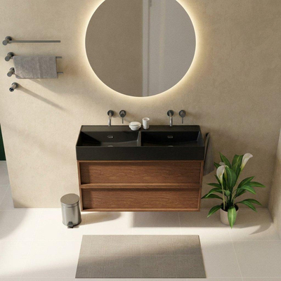 Saniclass Holz Frame Ensemble meuble de salle de bains - 120x45x72cm - Lavabo Legend en céramique noir mat - 2 vasques - sans trous de robinet - 2 tiroirs - walnut pure mat (bois)