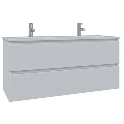 Adema Chaci Meuble salle de bain - 120x46x57cm - 2 vasques ovales en céramique blanche - 2 trous de robinet - 2 tiroirs - miroir rond avec éclairage - blanc mat