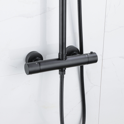 FugaFlow Eccelente Ensemble de douche de tête avec robinet thermostatique - 30cm douche de tête - flexible métallique - douchette à main sur barre - noir mat