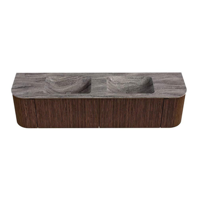 MONDIAZ KURVE-DLUX 180cm badmeubel ronding Links + Rechts kleur Walnut met 2 lades en 2 deuren. Wastafel LEAF Dubbel zonder kraangat Oza.