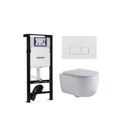QeramiQ Dely Swirl Toiletset - 36.3x51.7cm - Geberit UP320 plieger inbouwreservoir - slimzitting - glans witte bedieningsplaat - rechthoekige knoppen - wit mat