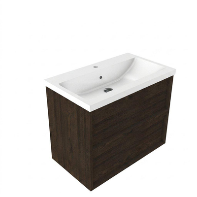 Saniclass Holz Frame Ensemble de meuble de salle de bains - 80x45x63.5cm - Lavabo en céramique Bari blanc - 1 vasque - 1 trou de robinet - 2 tiroirs - chêne charcoal mat (bois)