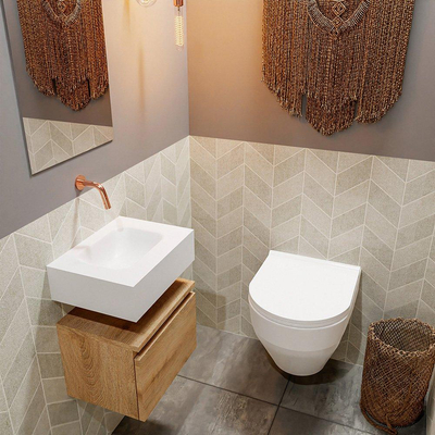 MONDIAZ ANDOR Toiletmeubel 40x30x30cm met 0 kraangaten 1 lades washed oak mat Wastafel Lex midden Solid Surface Wit
