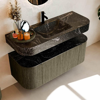 MONDIAZ THOR-DLUX 120cm meuble de salle de bains arrondi gauche + droite couleur Shadow avec 1 tiroir et 2 portes. Vasque suspendue CLOUD Milieu 1 trou de robinet couleur Lava.