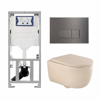 QeramiQ Dely Swirl Ensemble WC- 36.3x51.7cm - Réservoir encastré Geberit UP320 - Abattant de 35mm d'épaisseur - Plaque de commande en gunmetal - Boutons rectangulaires - Beige