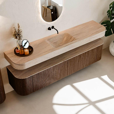 MONDIAZ THOR-DLUX 200cm meuble de salle de bains arrondi gauche + droite couleur Walnut avec 2 tiroirs et 2 portes. Vasque suspendue CLOUD Milieu sans trou de robinet couleur Saba.