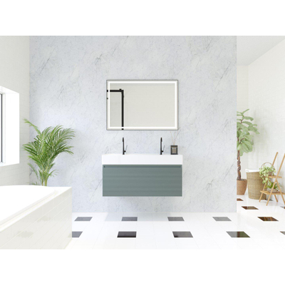 HR Matrix ensemble de meubles de salle de bain 3d 100cm 1 tiroir sans poignée avec bandeau de poignée en couleur petrol matt avec lavabo kube 2 trous de robinetterie blanc