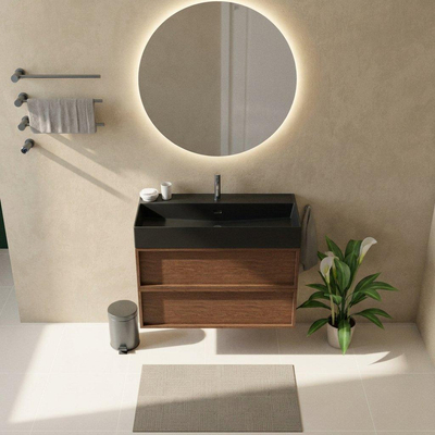 Saniclass Holz Frame Ensemble meuble de salle de bains - 100x45x72cm - Legend lavabo en céramique noir mat - 1 vasque - 1 trou de robinet - 2 tiroirs - walnut pure mat (bois)