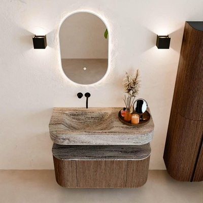 MONDIAZ THOR-DLUX 100cm badmeubel ronding links + rechts kleur Walnut met 1 lade en 2 deuren. Vrijhangende wastafel CLOUD Links zonder kraangat kleur Oza.