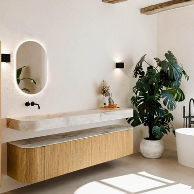 MONDIAZ THOR-DLUX 200cm meuble de salle de bains arrondi gauche + droite couleur Oak avec 2 tiroirs et 2 portes. Vasque suspendue CLOUD Gauche sans trou de robinet couleur Frappe.