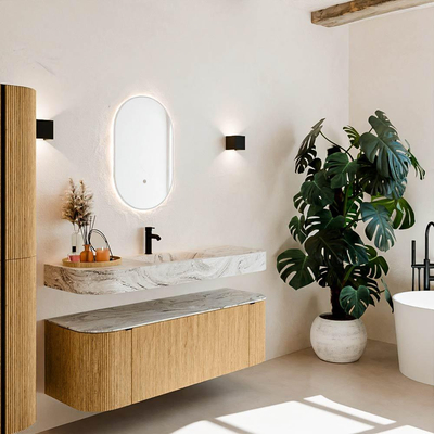 MONDIAZ THOR-DLUX 140cm meuble de salle de bains arrondi gauche + droite couleur Chêne avec 1 tiroir et 2 portes. Vasque suspendue CLOUD Milieu 1 trou de robinet couleur Glace.