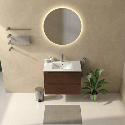 Saniclass Holz Atelier Ensemble de meubles de salle de bains - 80x45x62cm - Vasque Vygo en céramique blanche - 1 vasque - 1 trou de robinet - 2 tiroirs - walnut pure mat (bois)