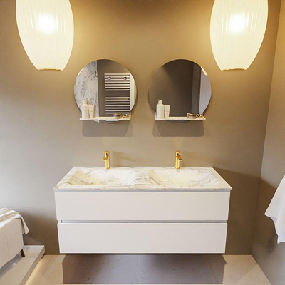 Mondiaz VICA-DLUX ensemble de meuble de salle de bain - 120cm - meuble sous lavabo talc - 2 tiroirs - lavabo encastré cloud double - 2 trous de robinet - version haute de 60cm - glace