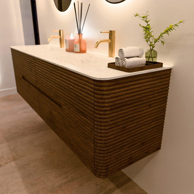 Mondiaz CIRO-DLUX Badkamermeubelset - 170x45x50cm - Solid surface wastafel Opalo - 2 wasbak Dubbel - 2 kraangaten - 4 lades - Dusk