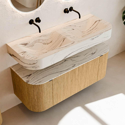 MONDIAZ THOR-DLUX 120cm meuble de salle de bains arrondi gauche + droite couleur Oak avec 1 tiroir et 2 portes. Vasque suspendue CLOUD Double sans trou de robinet couleur Nata.