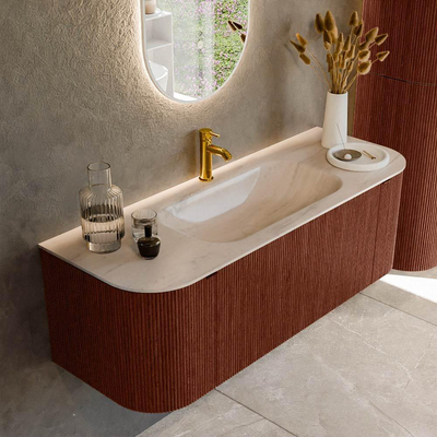 MONDIAZ KURVE-DLUX 130cm badmeubel ronding Links + Rechts kleur Ruby met 1 lade en 2 deuren. Wastafel BIG SMALL Midden 1 kraangat Meli.