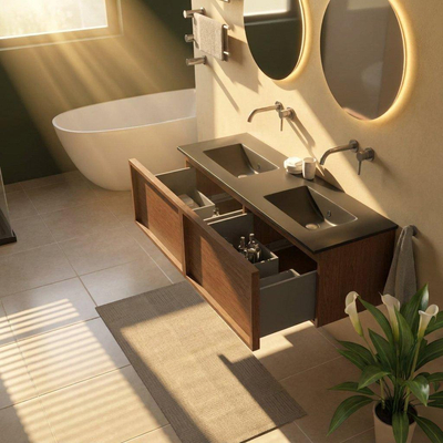 Saniclass Holz Frame Ensemble de meubles de salle de bains - 140x45x42cm - lavabo Vygo en céramique noir - 2 vasques - sans trous de robinetterie - 2 tiroirs - walnut pure mat (bois)
