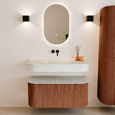 MONDIAZ THOR-DLUX 100cm badmeubel ronding links + rechts kleur Ruby met 1 lade en 2 deuren. Vrijhangende wastafel CLOUD Midden zonder kraangat kleur Opalo.