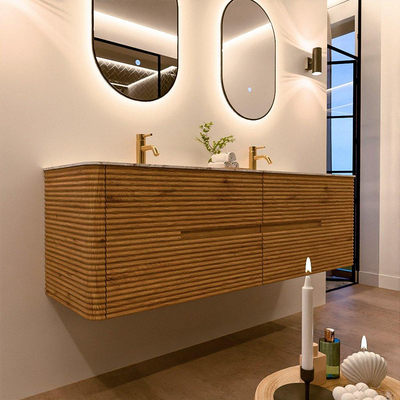 Mondiaz CIRO-DLUX Meuble de salle de bains - 160x45x50cm - Plan vasque solid surface Glace - 2 lavabos double - 2 trous de robinetterie - 4 tiroirs - Chêne