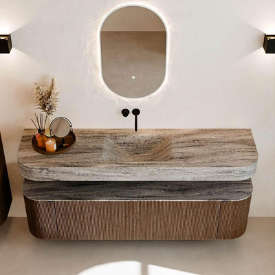 MONDIAZ THOR-DLUX 170cm badmeubel ronding links + rechts kleur Walnut met 1 lade en 2 deuren. Vrijhangende wastafel CLOUD Midden zonder kraangat kleur Oza.