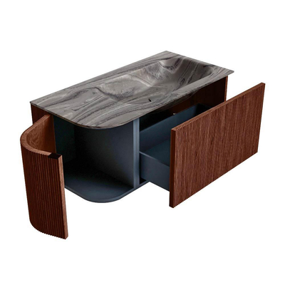 MONDIAZ KURVE-DLUX Meuble de salle de bains 95cm arrondi à gauche couleur Ruby avec 1 tiroir et 1 porte. Lavabo BIG SMALL à droite 1 trou de robinet Sombra.