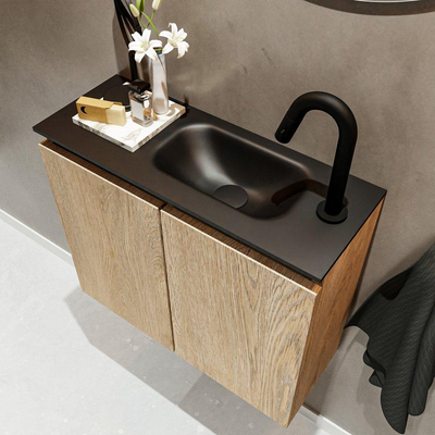 MONDIAZ TURE Fonteinset - 60x23x50cm - 1 kraangat - 2 deuren - washed oak mat - Wasbak rechts - Solid Surface Zwart