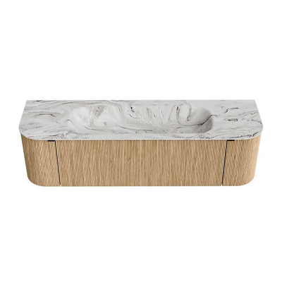 MONDIAZ KURVE-DLUX 160cm badmeubel met module 25 Len R kleur Oak met 1 lade en 2 deuren. Wastafel BIG MEDIUM midden zonder kraangat kleur Glace.