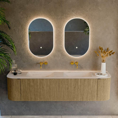 MONDIAZ KURVE-DLUX Meuble de salle de bains 180cm arrondi gauche + droite couleur Dusk avec 2 tiroirs et 2 portes. Vasque LEAF double sans trou de robinetterie Meli.