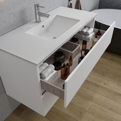 Adema Chaci Ensemble salle de bain - 100x46x57cm - 1 vasque en céramique blanche - 1 trou de robinet - 2 tiroirs - miroir rectangulaire - blanc mat