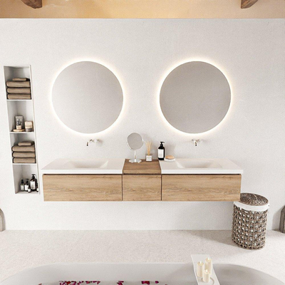 MONDIAZ BUKLA 200cm ensemble de meuble avec module 40 couleur Chêne blanchi avec 3 tiroirs. Lavabo CLOUD double 0 trou de robinet couleur Talc.