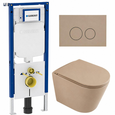 QeramiQ Dely Toiletset - 36.3x51.7cm - Geberit UP720 inbouwreservoir - rimless - diepspoel - zitting - softclose - bedieningsplaat taupe - ronde knoppen - mat beige
