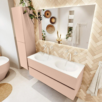 Mondiaz VICA Ensemble de meuble de salle de bain - 120cm - meuble sous-vasque rosee - 2 tiroirs - lavabo moon double - 2 trous de robinet - version haute de 60cm - talc