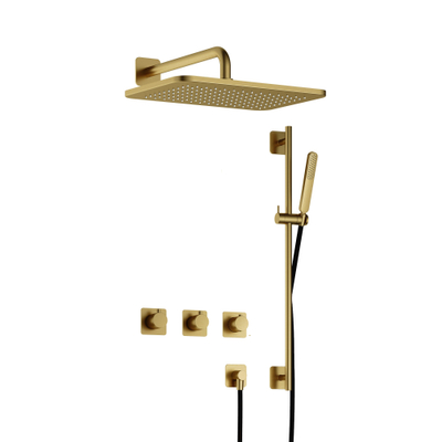 Hotbath Gal IBSGL70 Thermostatische doucheset inbouw - 2 stopkranen - 35cm wandarm - 27cm rechtoekige hoofddouche - staafhanddouche - glijstang - messing geborsteld PVD