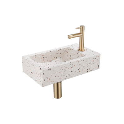 FugaFlow Eccelente Pietra Ensemble de fontaine - 40x22x10cm - trou de robinet à droite - robinet de fontaine en laiton brossé PVD - bouchon de vidange - siphon abaissé - beige mat