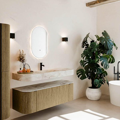 MONDIAZ THOR-DLUX Meuble de salle de bains 140cm arrondi gauche + droite couleur Dusk avec 1 tiroir et 2 portes. Vasque suspendue CLOUD Milieu 1 trou de robinet couleur Frappe.