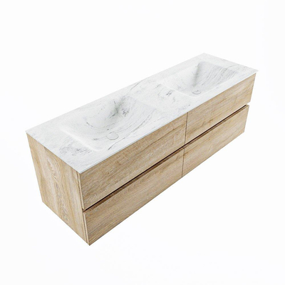 MONDIAZ VICA-DLUX Ensemble meuble de salle de bains - 150cm - meuble bas Washed oak - 4 tiroirs - lavabo encastré cloud double - 2 trous de robinet - version hauteur 60cm - opalo