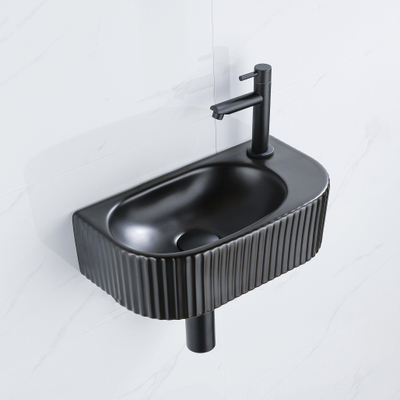 Fugaflow Efficiente Pietra Fonteinset - 40x21.5x12cm - rechts - geribbeld - halfrond - 1 kraangat - keramiek - fonteinkraan zwart mat - afvoerplug - verlaagd sifon - zwart mat