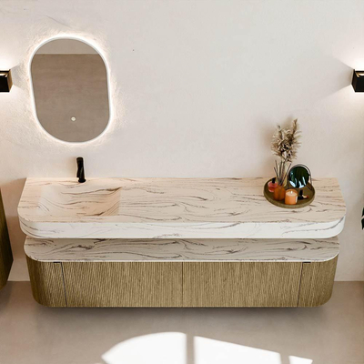 MONDIAZ THOR-DLUX Meuble de salle de bains - 200cm - arrondi gauche + droite - couleur Dusk - 2 tiroirs et 2 portes - Vasque suspendue CLOUD Gauche 1 trou de robinet couleur Nata