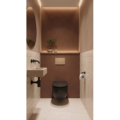 QeramiQ Dely Toiletset - 36.3x51.7cm - diepspoel - rimless - Geberit UP720 inbouwreservoir - softclose toiletzitting - bedieningsplaat beige - rechtehoekige knoppen - mat zwart