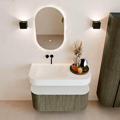 MONDIAZ THOR 100cm meuble de salle de bains arrondi gauche + droite couleur Shadow avec 1 tiroir et 2 portes. Vasque suspendue CLOUD Gauche sans trou de robinet couleur Talc.