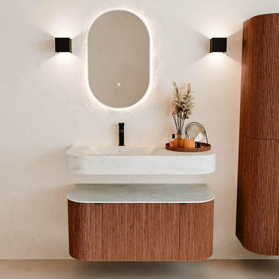 MONDIAZ THOR-DLUX 100cm meuble de salle de bains arrondi gauche + droite couleur Ruby avec 1 tiroir et 2 portes. Vasque suspendue CLOUD Gauche 1 trou de robinet couleur Opalo.