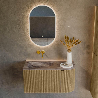 MONDIAZ KURVE-DLUX Meuble de salle de bains 85cm arrondi Droite couleur Dusk avec 1 tiroir et 1 porte. Lavabo CLOUD Gauche sans trou de robinet Sombra.