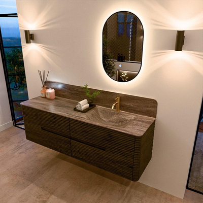 Mondiaz CIRO-DLUX Ensemble de meubles de salle de bains - 160x45x50cm - Plan vasque solid surface Oza - 1 lavabo à droite - 1 trou de robinet - 4 tiroirs - Shadow
