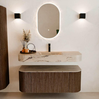 MONDIAZ THOR-DLUX 120cm badmeubel ronding links + rechts kleur Walnut met 1 lade en 2 deuren. Vrijhangende wastafel CLOUD Midden 1 kraangat kleur Arena.