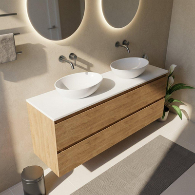 Saniclass Holz Pure Ensemble de meubles de salle de bains - 160x45x62,5cm - plan supérieur Torino en solid surface blanc - sans trou de robinetterie - 4 tiroirs - chêne natural mat (bois)